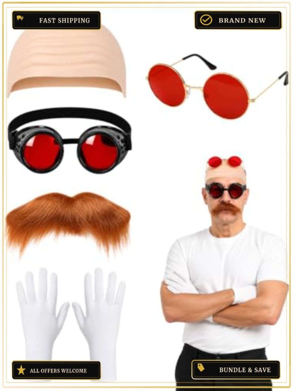 5Pc Mens Villain Costume Accessory Set Bald Cap Goggles Gloves Cosplay